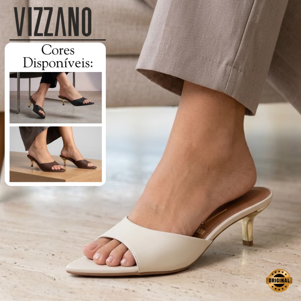 Tamanco Vizzano Feminino Bico Fino Conforto Estilo Dia a Dia Salto Fino Metalico Casual Original