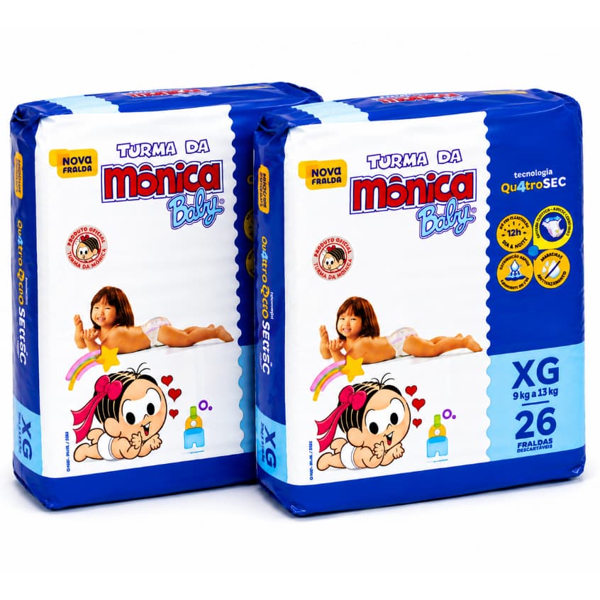 Kit com 2 Pacotes Fralda Descartavel Turma da Mônica Baby QuatroSec XG 26 Fraldas por Pacote