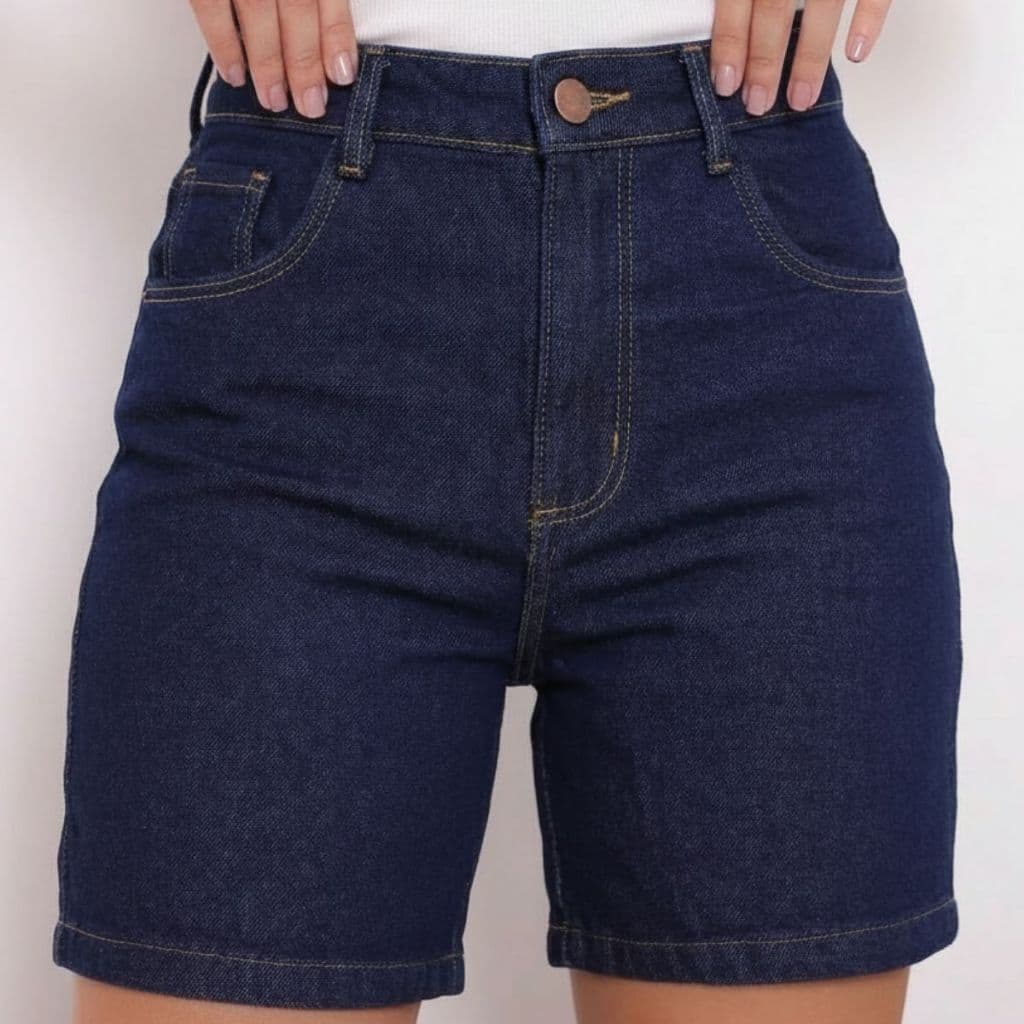 Bermuda Feminina Jeans Mom Cintura Alta Escura Bolsos Algodão Premium