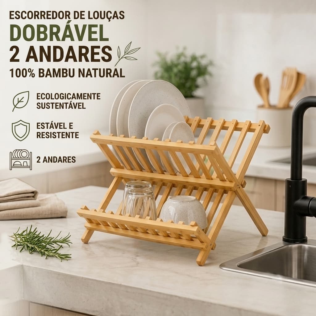 Escorredor Loucas Pratos | Organizador Pia Dobrável Bambu Natural | Duplo Andar Compacto