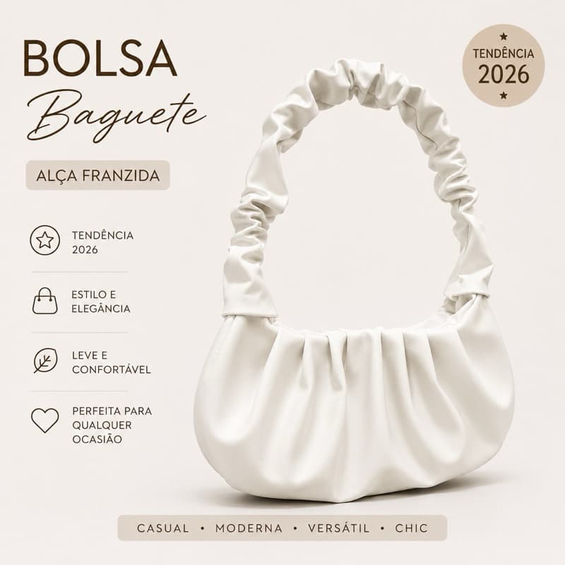 Bolsa Feminina Baguete De Ombro Drapeada Alça Franzida Elegante Luxo Casual