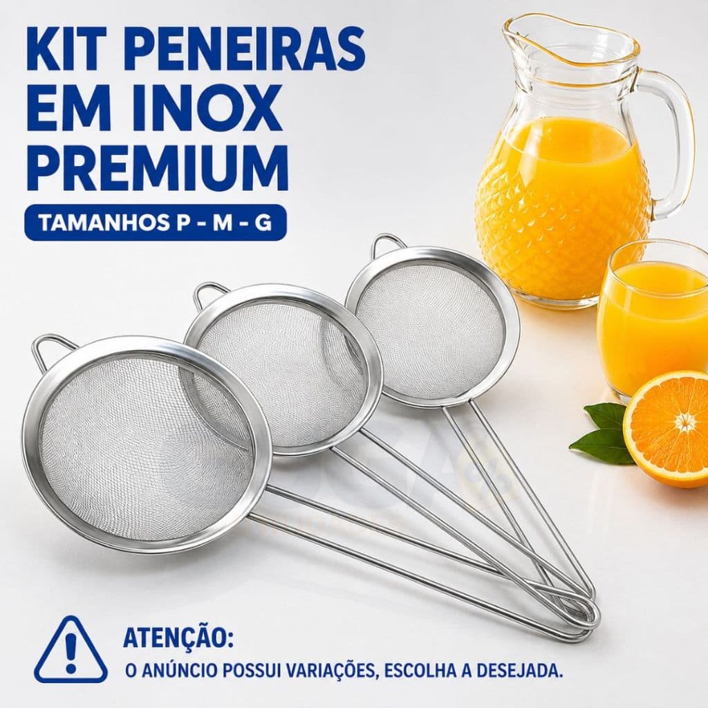 Conjunto 3 Peneiras Inox para Coar e Peneirar Farinha Líquidos Chás Sucos Tela Fina Alta Qualidade na Cozinha