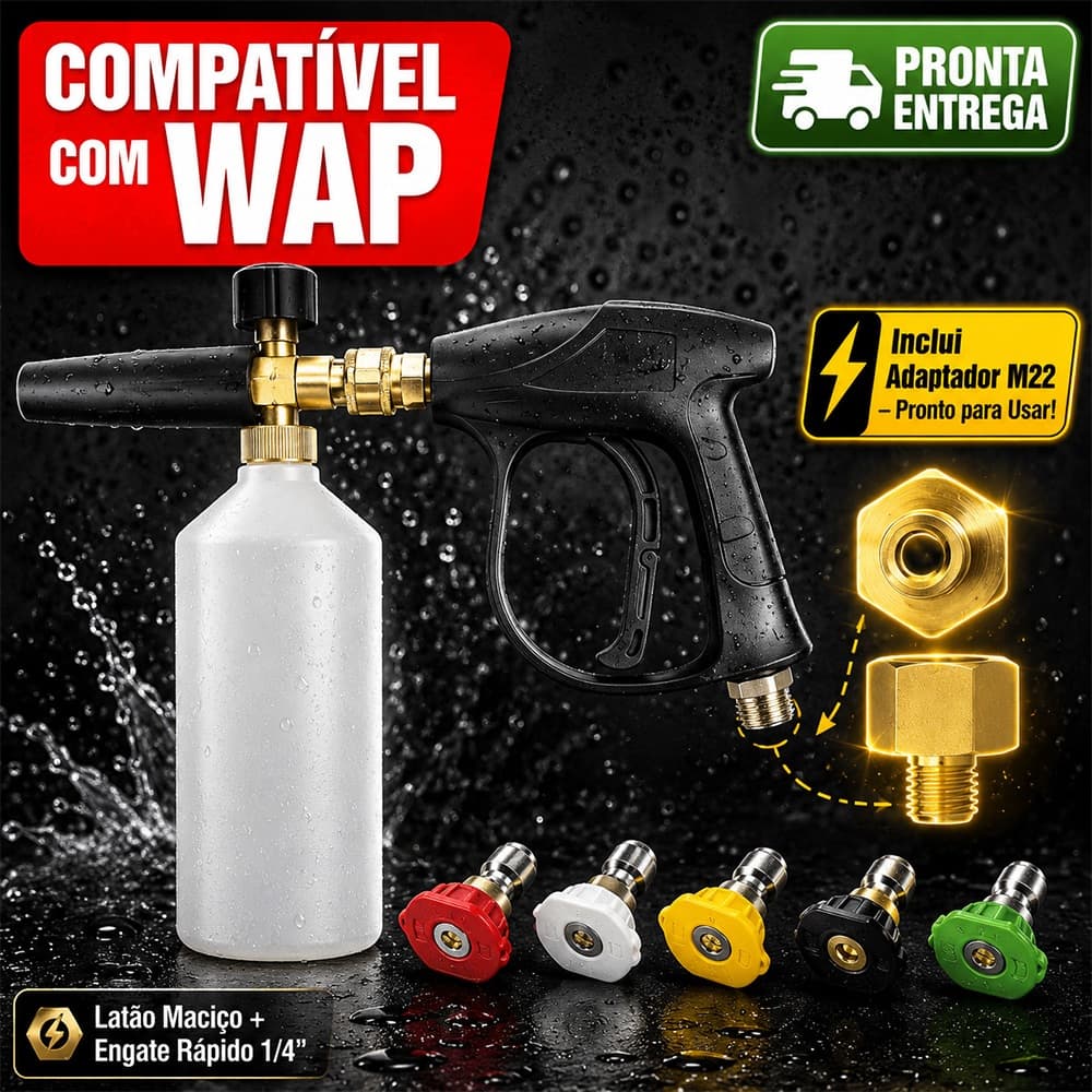 Kit Snow Foam Canhão de Espuma + Pistola Curta + 5 Bicos Engate Rápido 1/4 Para Lavadora WAP