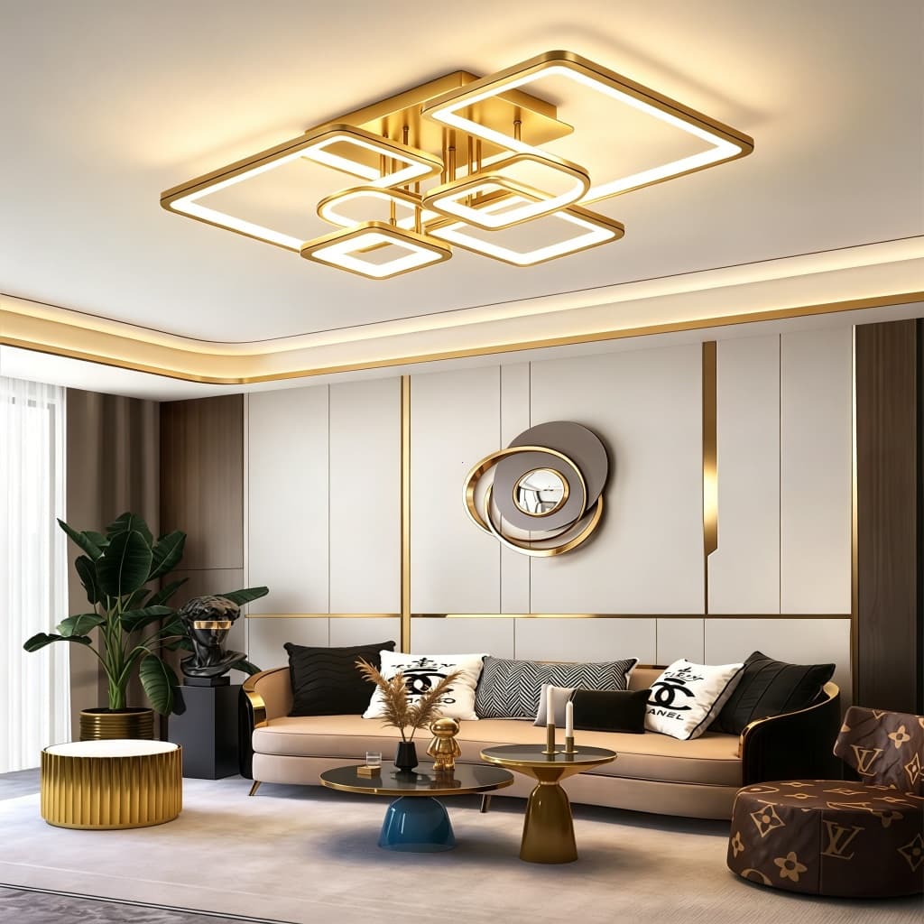 Luminaria de Teto LED Dourado Controle Remoto Bivolt 80cm*58cm Luminária Moderna 3 Cores Lustre de Teto Moderno de 102W