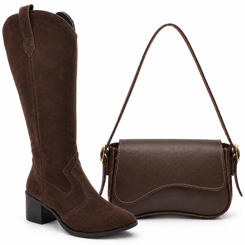 Kit de Bota Feminina Western Camurça Cano Longo Salto Baixo + Bolsa Baguete Café Confortavél
