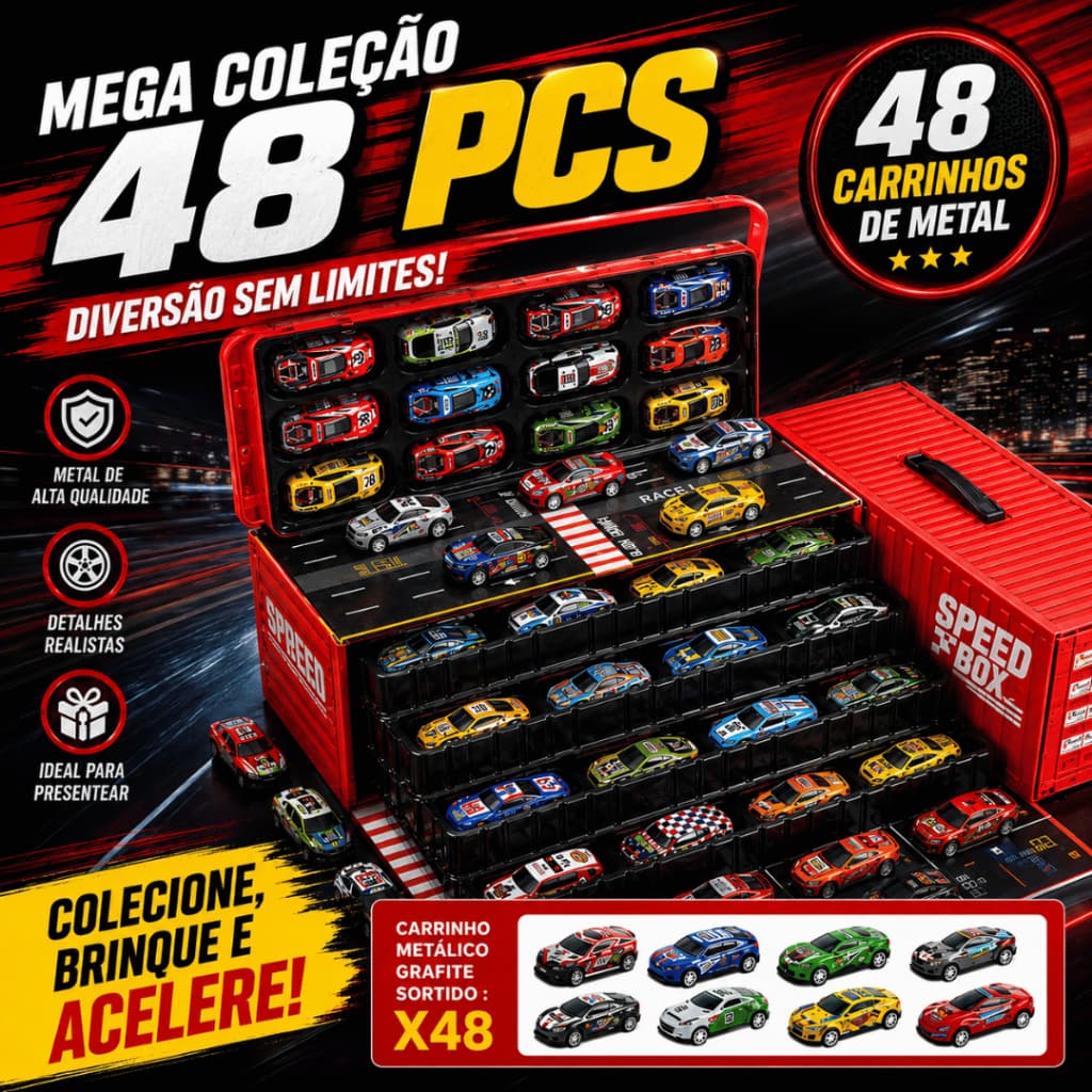 Kit 48 Carrinhos de Fricção com Pista – Brinquedo Educativo e Colecionável em Contêiner