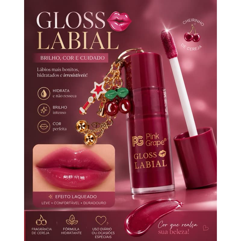 ✨ Gloss Labial Pink Grape com Chaveiro Cereja – Brilho Intenso e Lábios Hidratados ✨