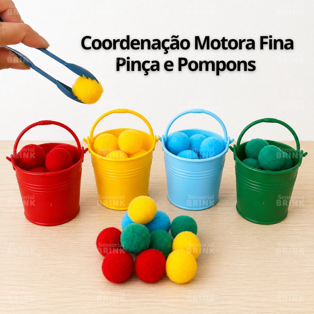 Jogo Pega Pompom Montessori com Baldinhos Coloridos | Pinça Infantil | Brinquedo Sensorial Educativo