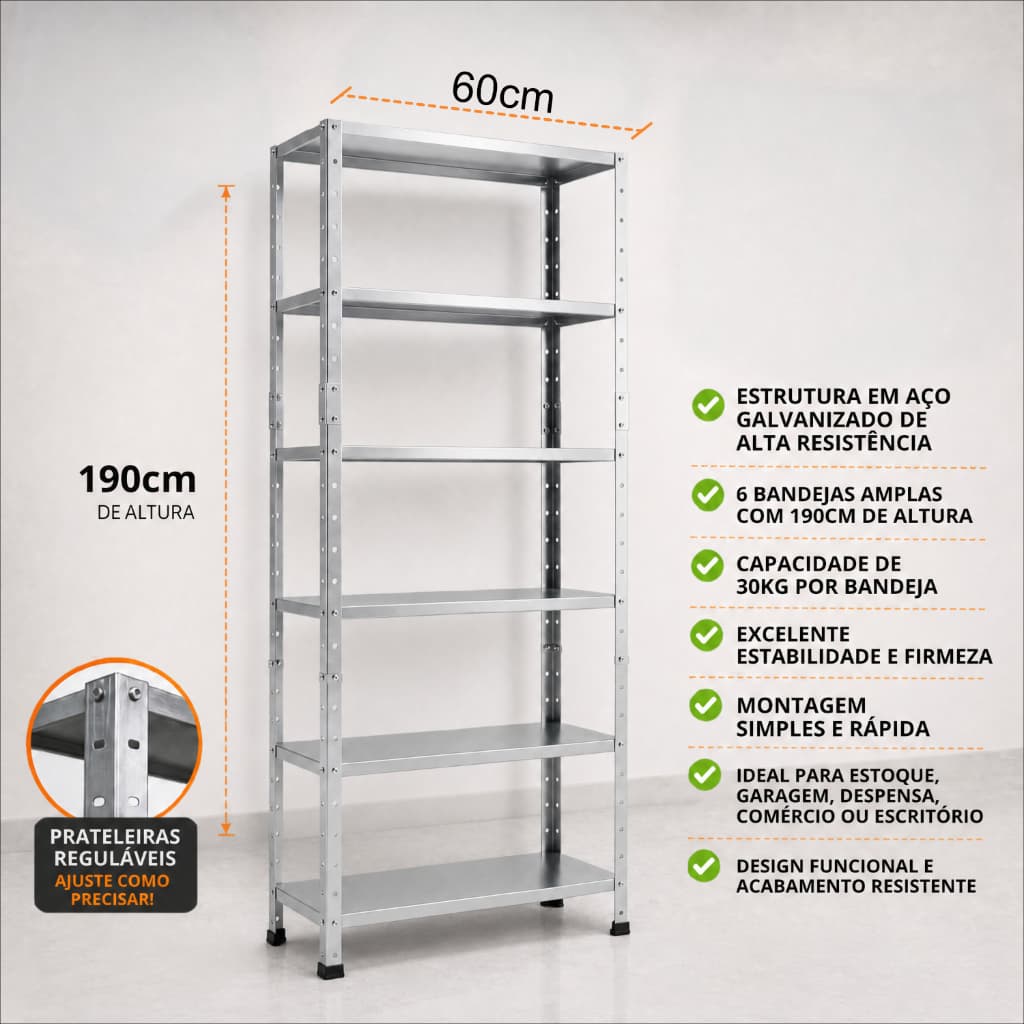 Prateleira Estante De Aço Armario Multiuso 60 Cm 6 Divisórias GALVANIZADO
