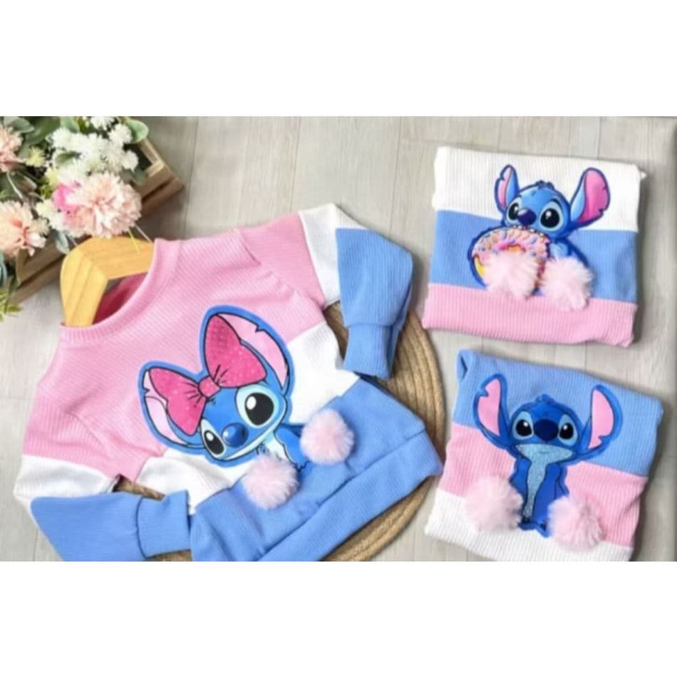 Blusa infantil manga longa tricolor com Stitch estampado