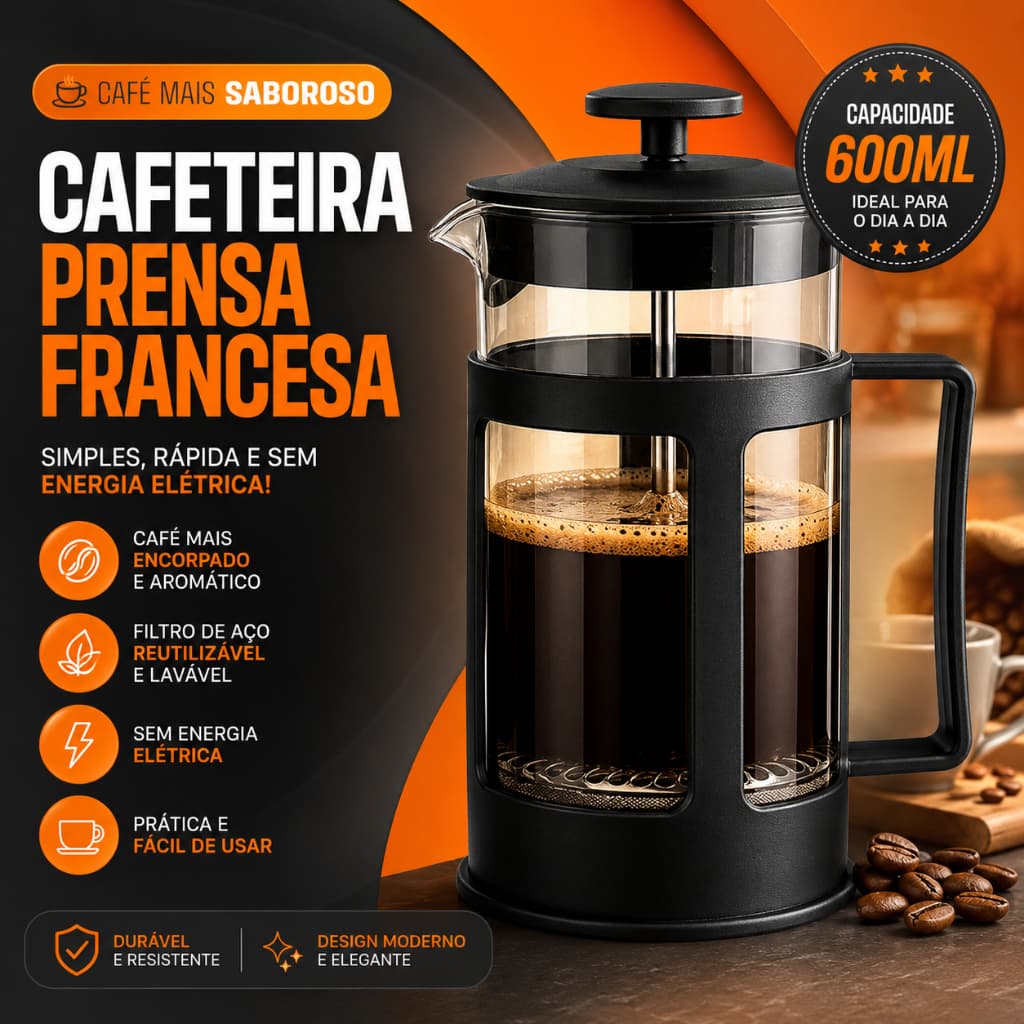 Cafeteira Prensa Francesa 600ml Premium Filtro Inox Reutilizável Café Chá Espumador de Leite