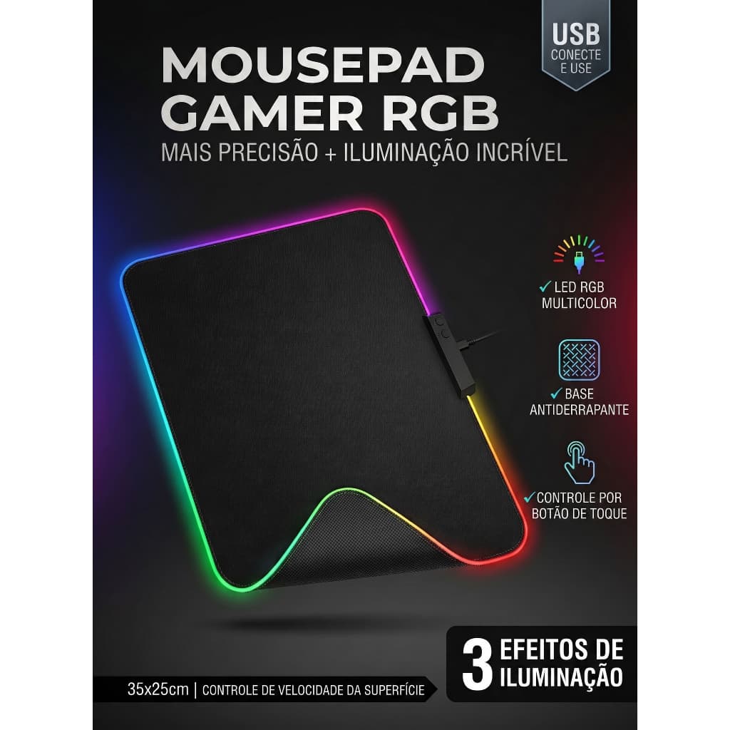 Mousepad Gamer RGB  35x25cm – Iluminação LED, Tecido Texturizado, Base Antiderrapante