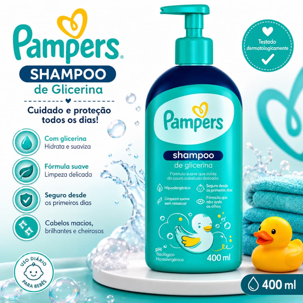 Shampoo Pampers de Glicerina 400ml Infantil Hipoalergênico Limpeza Suave para Bebês Uso Diário