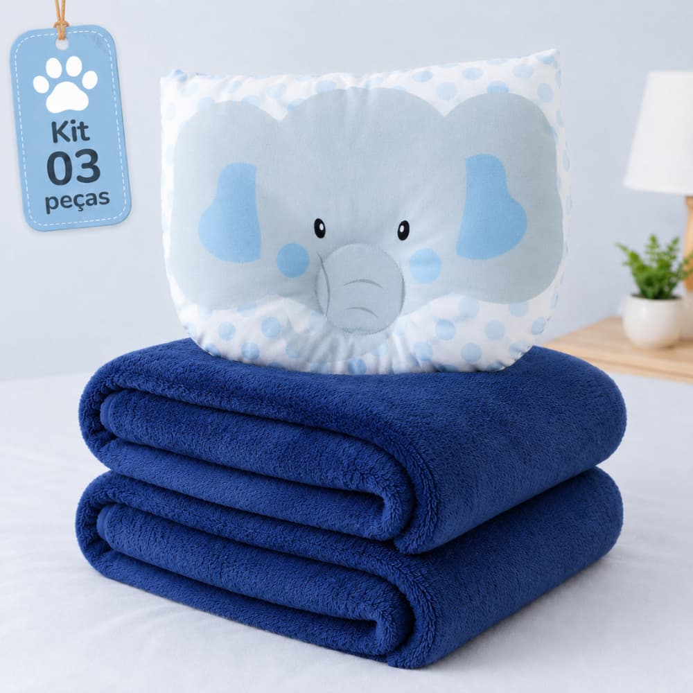 Kit Econômico Bebê 3 Peças Travesseiro Anatômico Estampado + Mantas Macia Antialérgica Cobertor