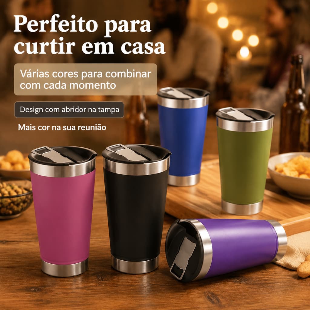 Copo Térmico para Cerveja com Tampa e Abridor – Aço Inoxidável Premium 473ml Em Diversas Cores