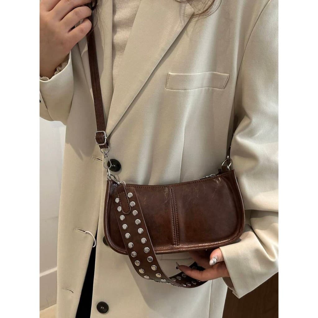 Bolsa Retangular Vintage Fashionável, Bolsa Tiracolo de Damas com Decoração de Rebite, Bolsa de Ombro com Zíper Clássica