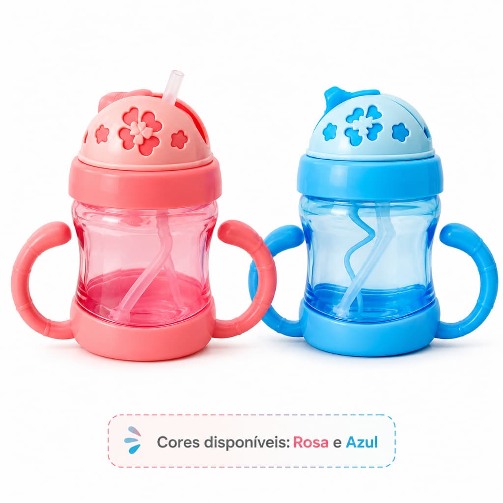 Copo Infantil Antivazamento com Canudo e Alças para Bebê, Livre de BPA, Rosa Azul