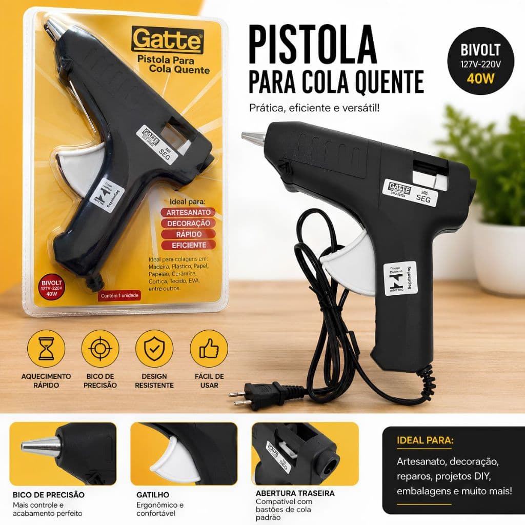 Pistola de Cola Quente Bivolt 40W Profissional Artesanato Reparo DIY Bico de Precisão Aquecimento Rápido