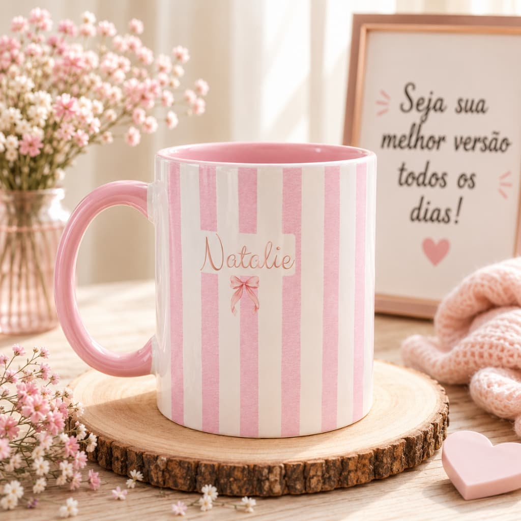 Caneca Minimalista Personalizada com Nome Feminina Listrada – Presente Delicado 325ml