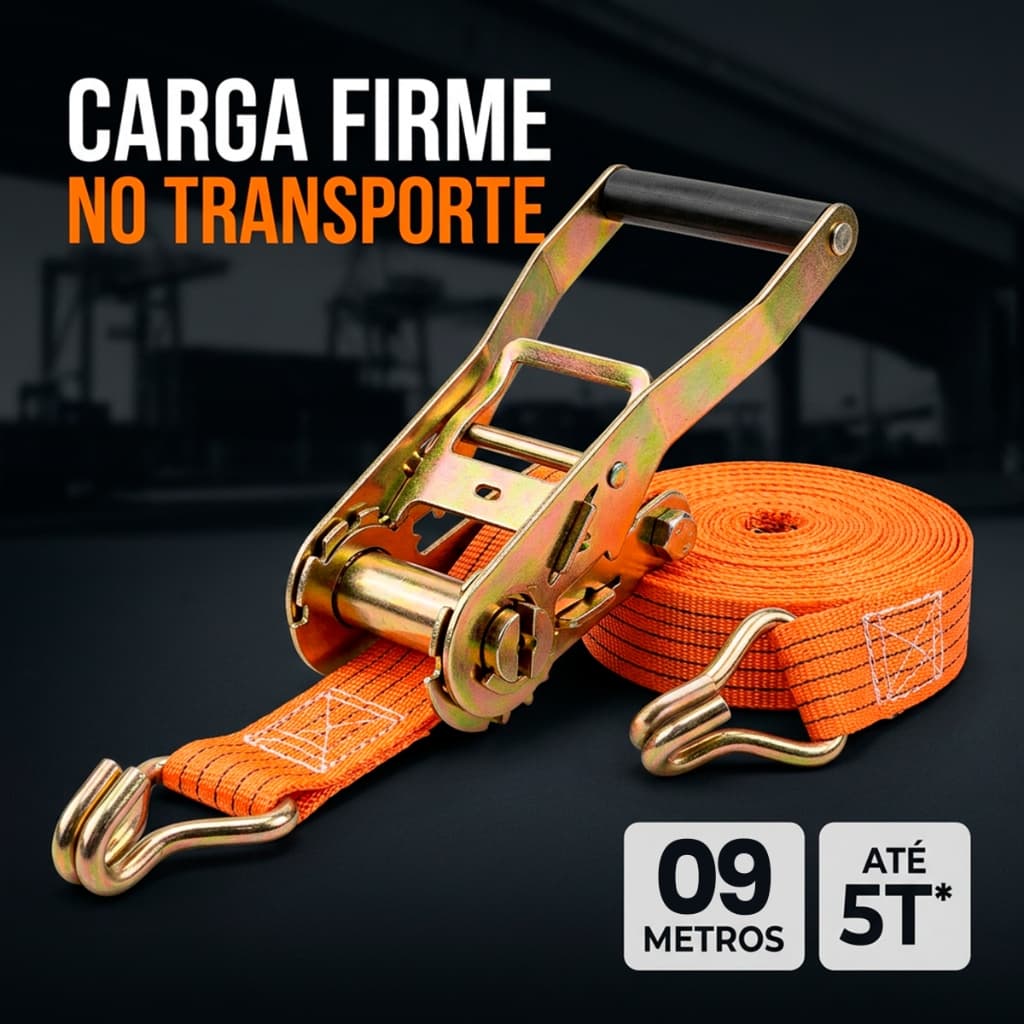 Cinta Catraca 9 Metros 5 Toneladas Para Amarração de Carga Gancho J Caminhão Carreta Reboque