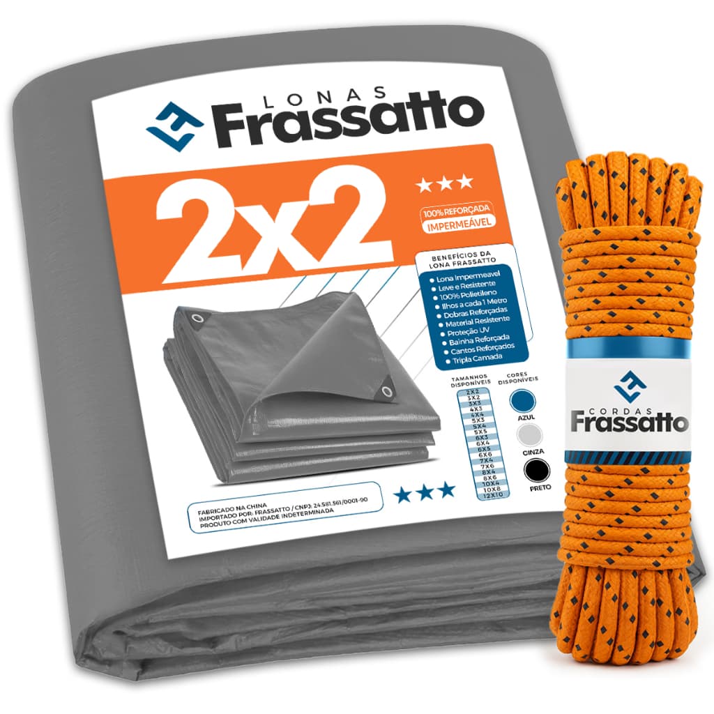 Lona Impermeavel 2x2 Metros Cinza Reforçada Multiuso Piscina Proteção Uv Com Ilhós Frassatto + Corda