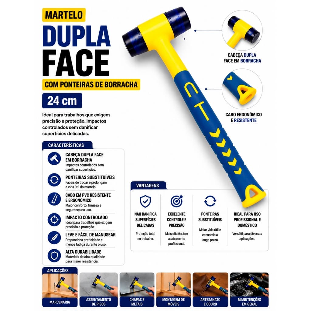 Martelo de Precisão 24cm Martelinho Ouro Dupla Face Ponteiras Borracha