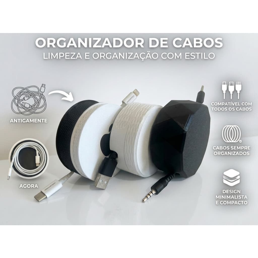 Enrolador de Cabos Universal Retrátil Organizador para USB, Tipo-C e Fones | Compacto e Prático