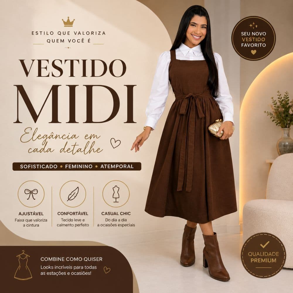 Vestido Feminino Midi Casual Elegante Ajustável Feminino Premium Crepinho Casual Chic Confortável