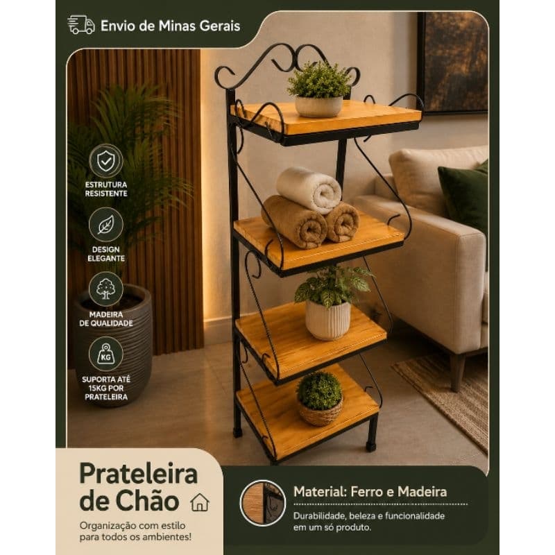 Prateleira hack 4 andar útil artesanal ferro e madeira