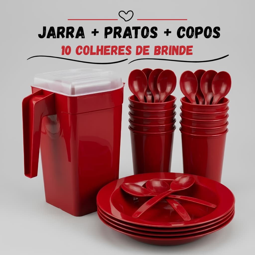 Kit Jarra 1,8L + 10 Colheres / 10 Copos e 10 Pratos Fundos Para Festas De Crianças Infantil Merendas