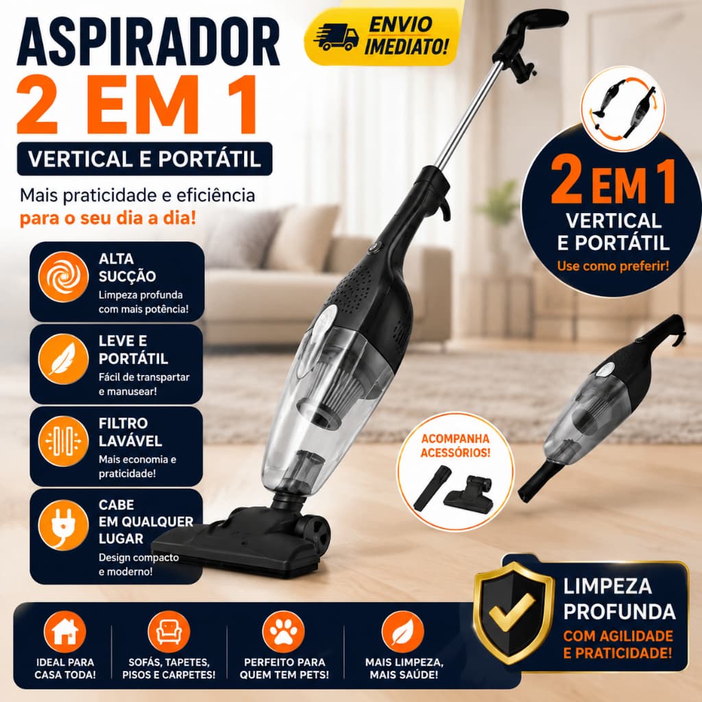 Aspirador de Pó Vertical 2 em 1 Portátil com Fio 110V Potente Limpeza Rápida para Casa e Carro