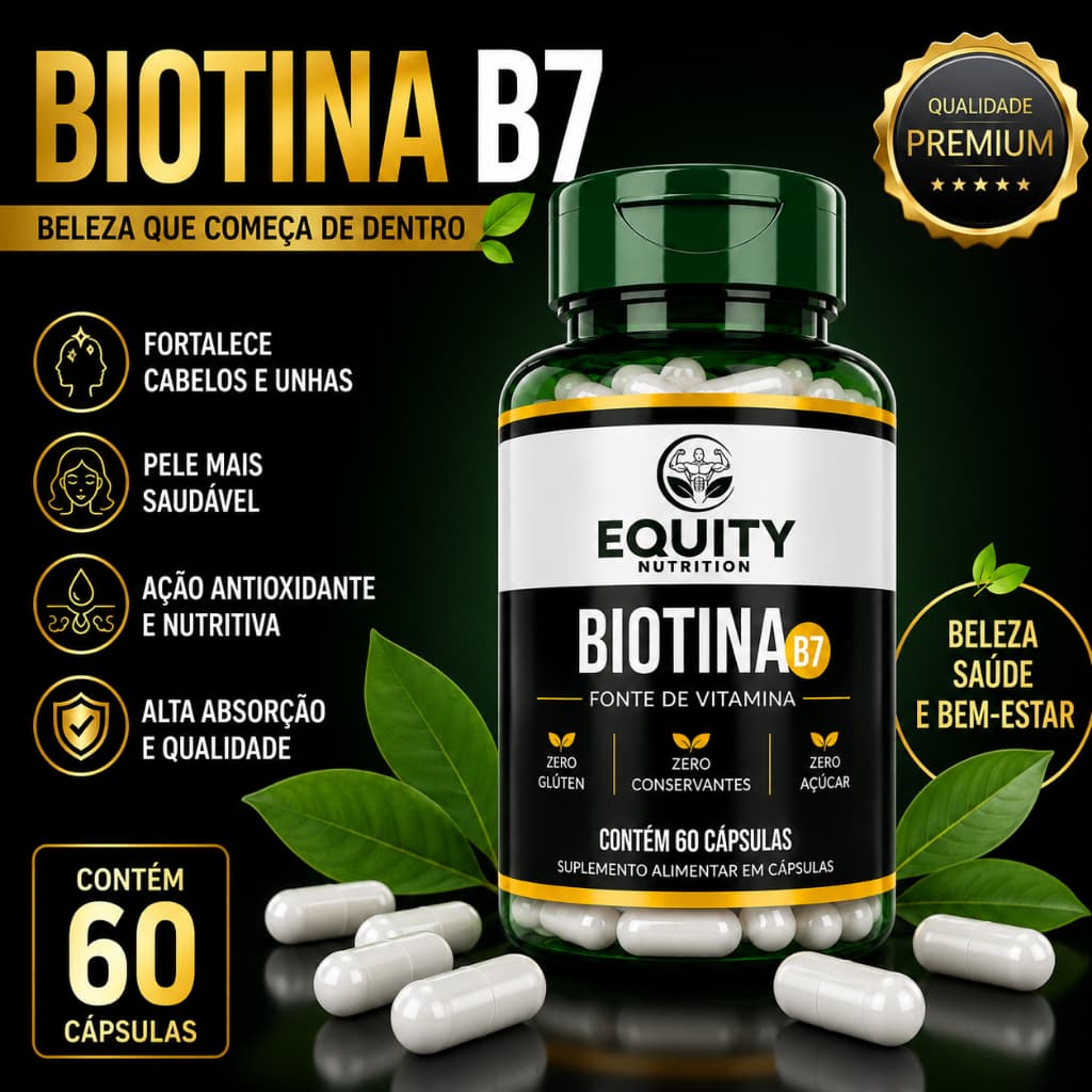 Biotina B7 45mcg Equity Nutrition 60 Cápsulas Com Colágeno Hidrolisado Zero Açúcar