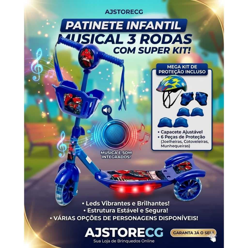 Patinete com KIT de Proteção 4 Peças Menino vários personagens