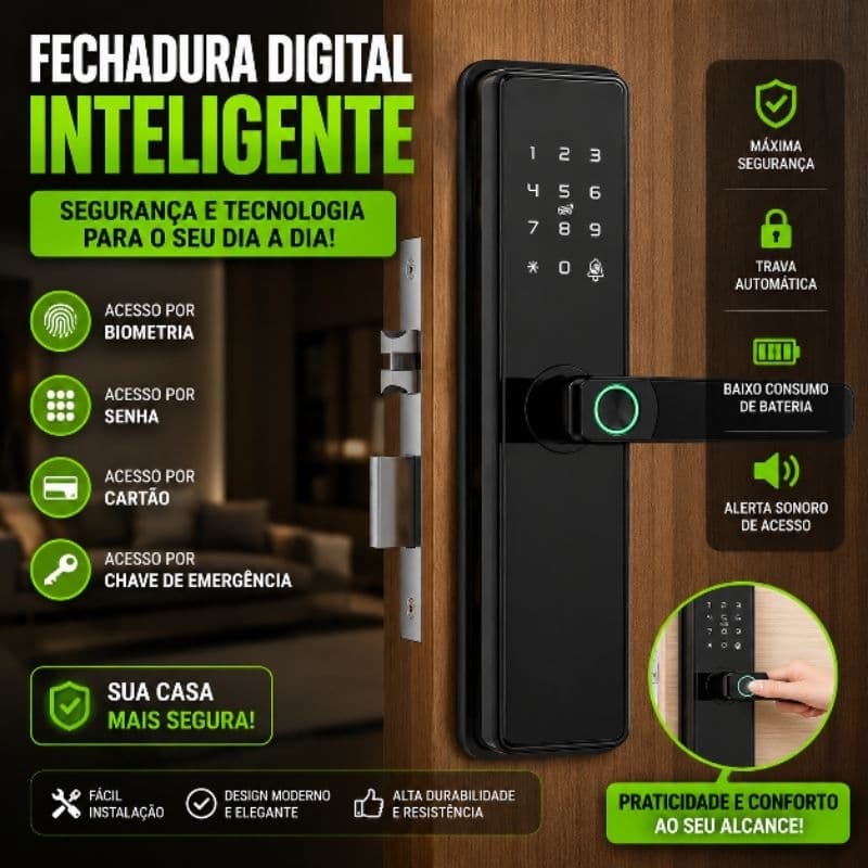 Fechadura Digital Inteligente com Impressão Digital e Teclado -  Biometrica com Tag Wifi Moderna