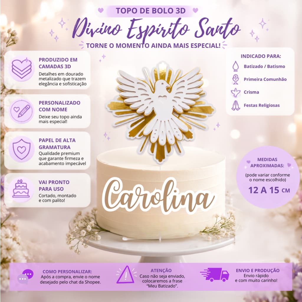 Topo/Topper de Bolo Batizado Eucaristia Crisma Primeira Comunhão Divino Espírito Santo