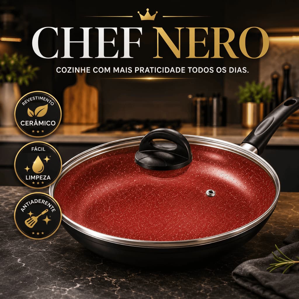 Frigideira Antiaderente Cerâmica 24cm com Tampa de Vidro Revestimento Cerâmico Chef Nero Preta