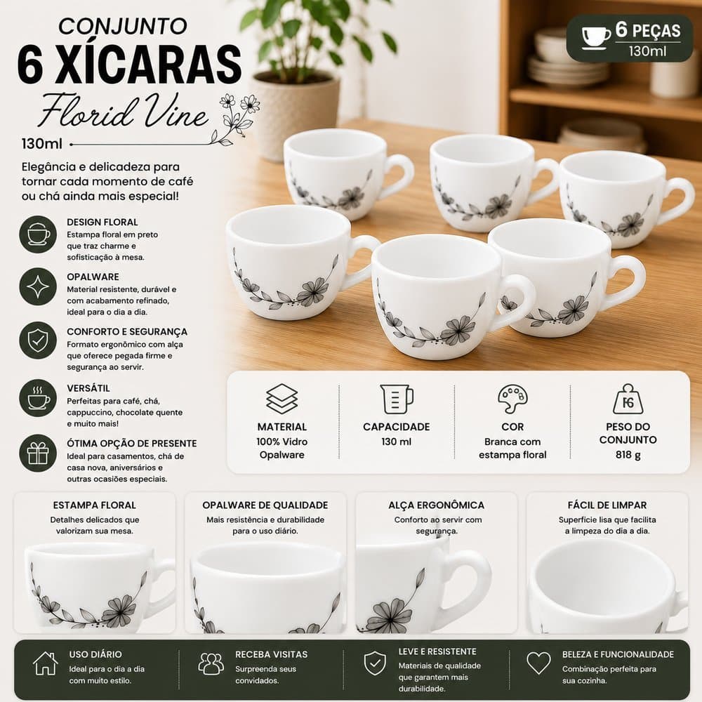 Conjunto 6 Xícaras Florid Vine 130ml - Branca - Familia - Chá - Café - Reunião