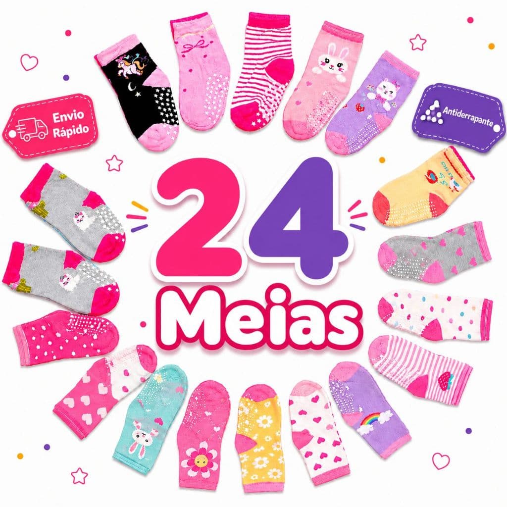 Kit Meias Infantil Menina 24 Meias Coloridas Estampas Coloridas De Qualidade Lindas E Macias Inverno