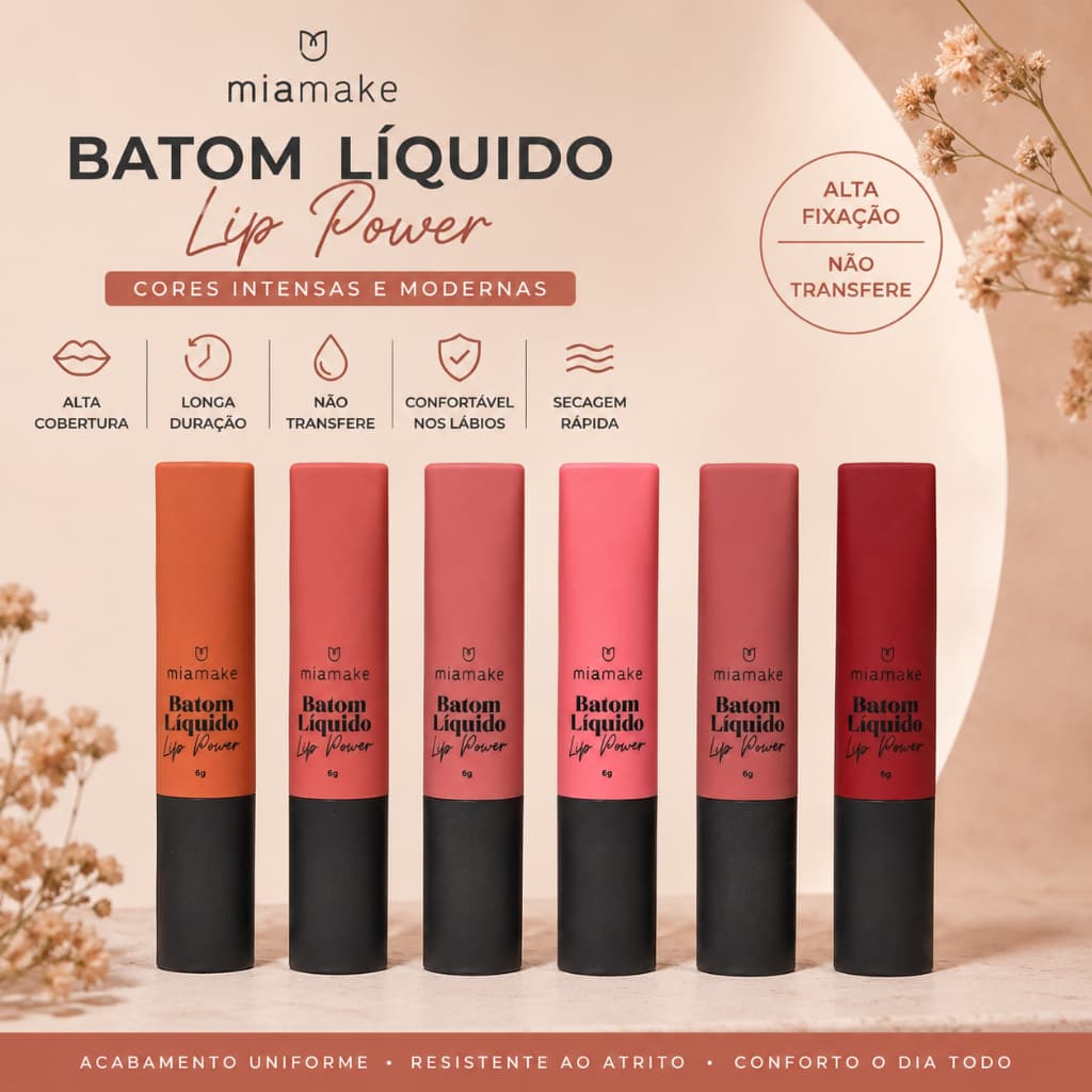 Batom Líquido Lip Power Mia Make 6g Alta Cobertura Longa Duração Não Transfere