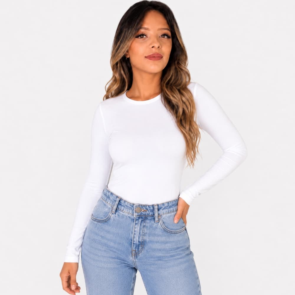 Blusa Segunda Pele Feminina Gola Redonda Manga Longa Malha Algodão Básica