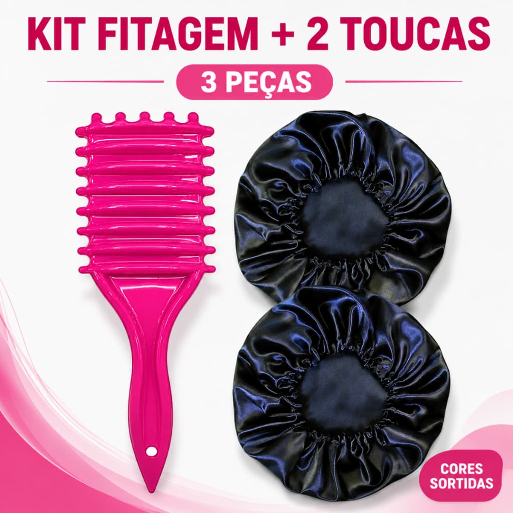 Kit Escova Fitagem Cachos + 2 Toucas de Cetim Simples Variadas