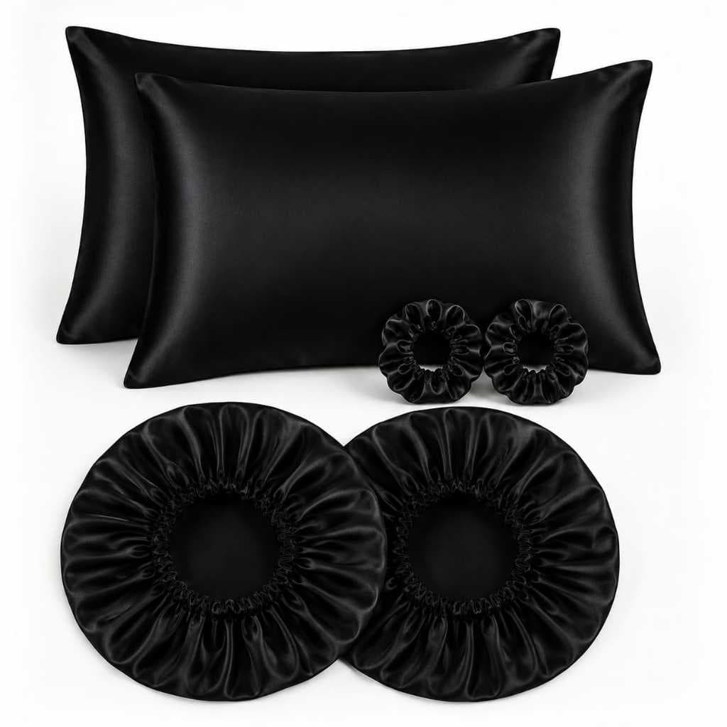 Kit 2 Fronhas de Cetim + 2 Toucas de Cetim + 2 Xuxinhas de Cetim | Proteção para Cabelo