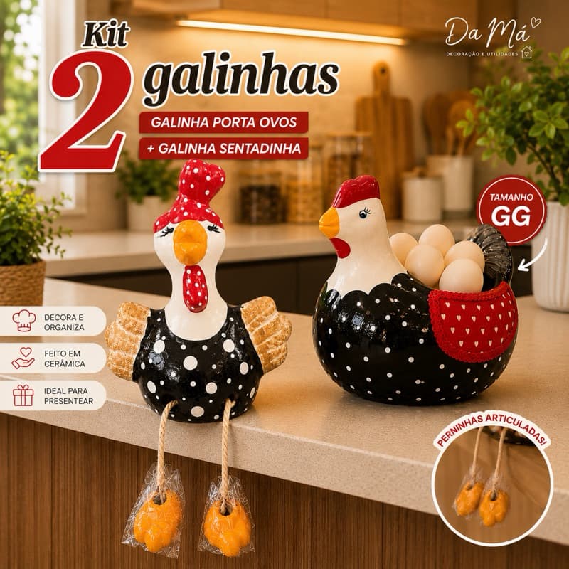 Enfeite Cozinha Galinha Decorativa Kit 2 Peças Porta Ovos Perna Articulada Cerâmica Organizador 22cm