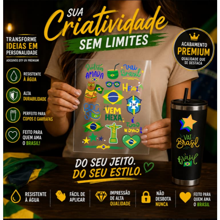DTF UV Brasil Futebol Copa - Cartela A3 de Adesivos UV