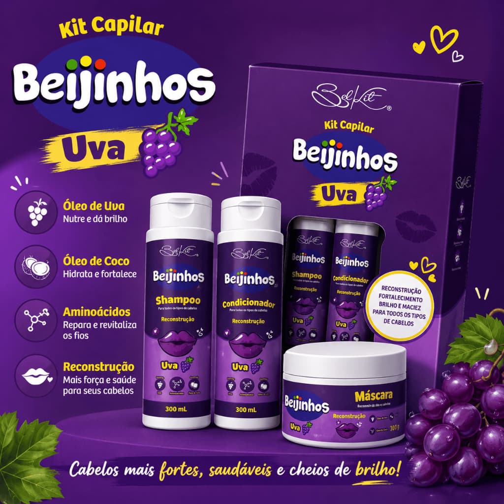 Kit Capilar Reconstrução Maciez e Brilho Shampoo Condicionador e Mascara Uva