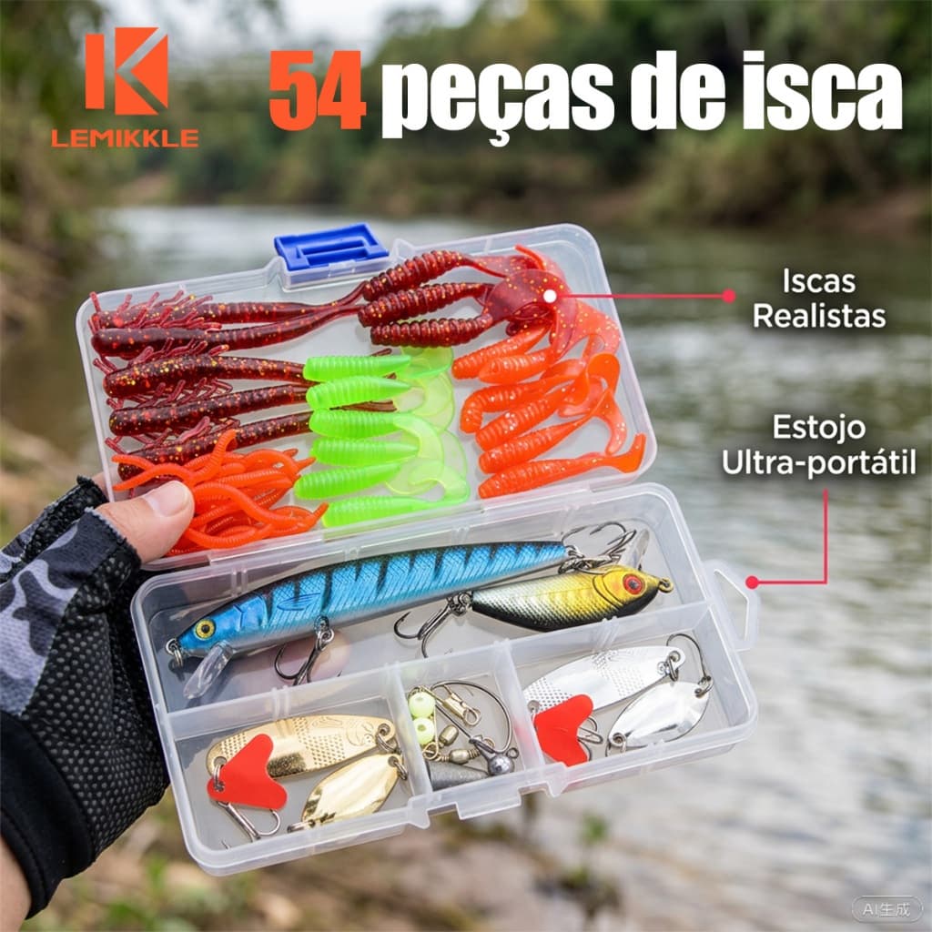 LEMIKKLE - 54 Peças de Iscas Artificiais - Realistas e Portáteis para Pescadores