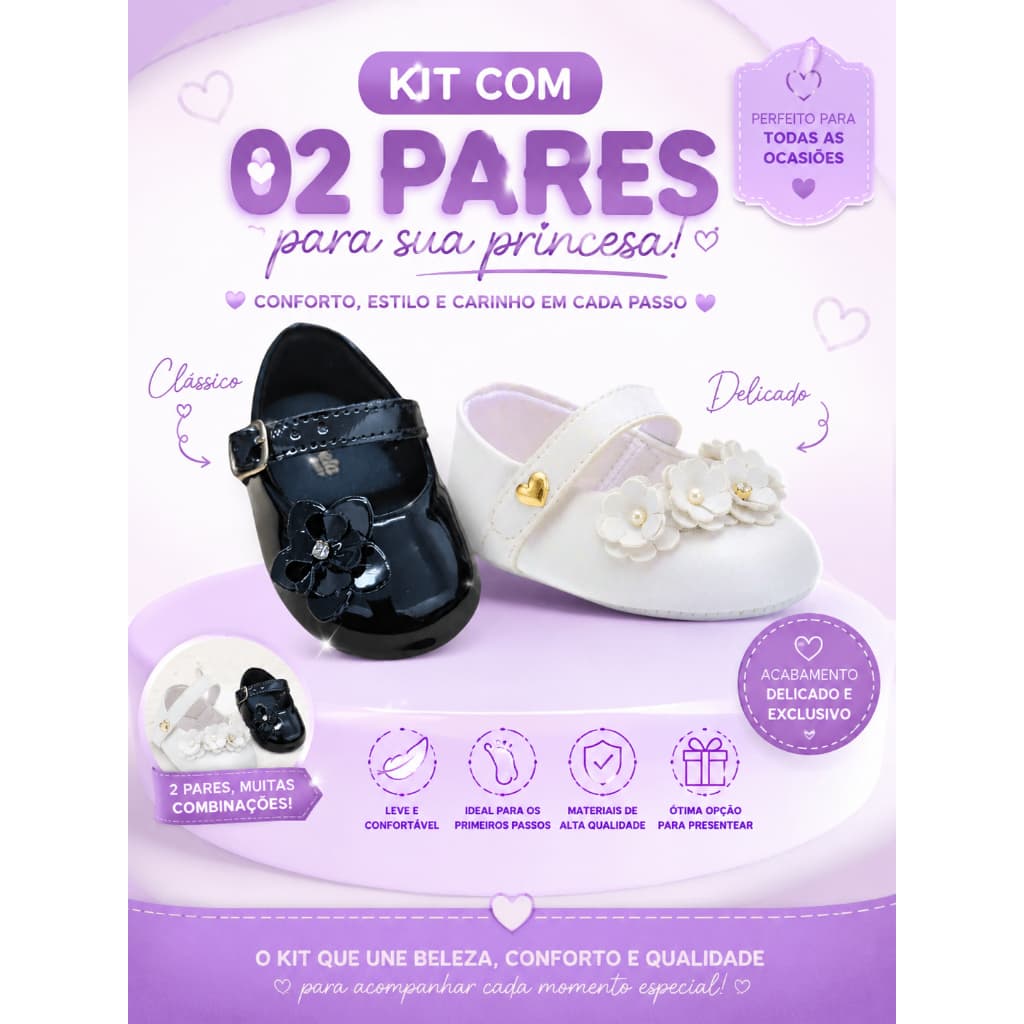 Kit 2 Pares Sapatilha Bebê Menina 13 ao 18 Sapato de Bebê Confortável Direto da Fábrica Envio Rápido