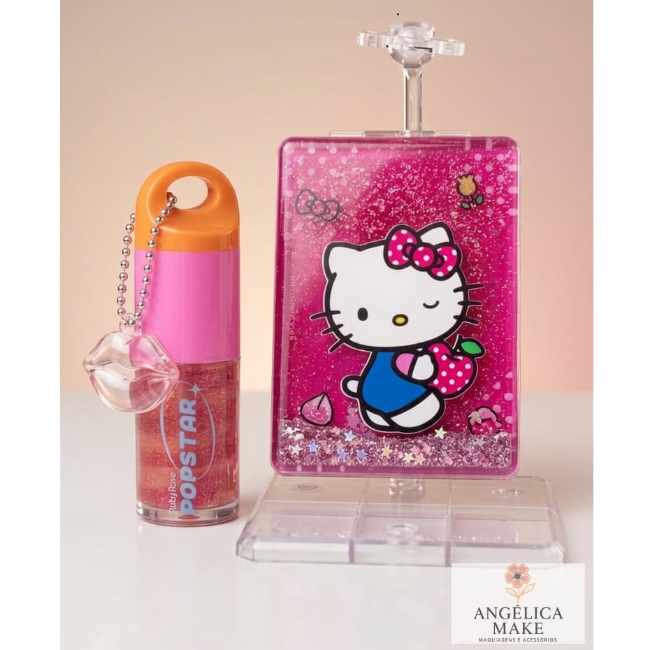 Kit Hello Kitty Espelho Glitter + Gloss Labial Pop Star Brilho Infantil Presente