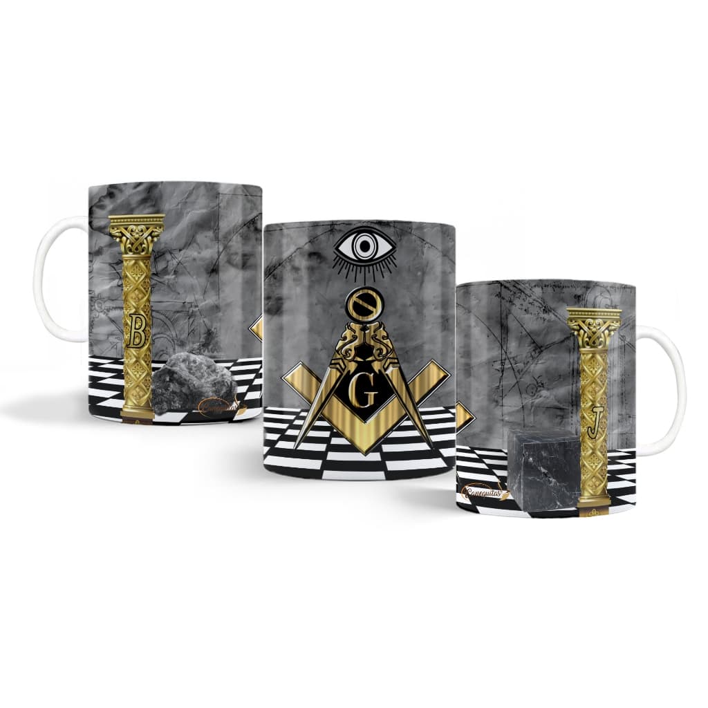 Caneca maçom xicara pilastras BJ iniciação compasso olho que tudo vê pedra polida estudo