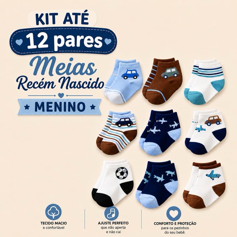 Kit 3 Até 12 Pares De Meias Infantil Recém-Nascido MENINO Algodão 0-14 Anos